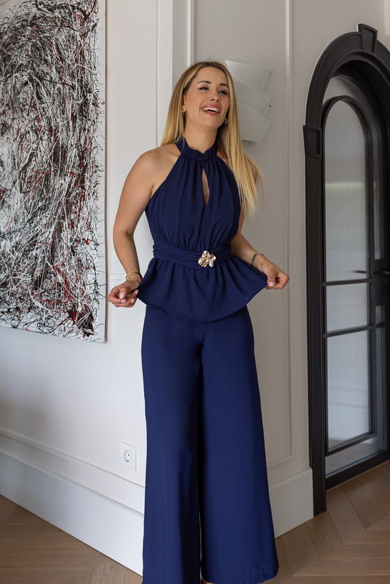 Halter Yaka Broş Detaylı Tulum - LACİVERT
