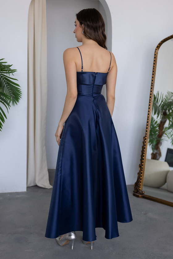 Thin Strap Satin Gown - Navy Blue