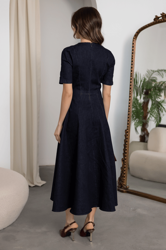 Kısa Kollu Denim Elbise - LACİVERT
