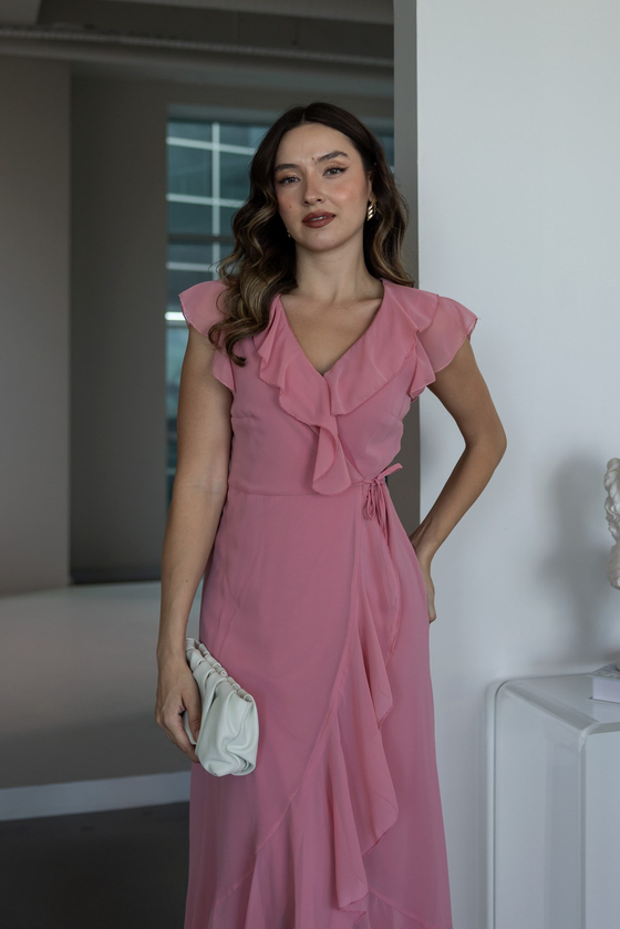 Kruvaze Yaka Volanlı Şifon Elbise - PEMBE