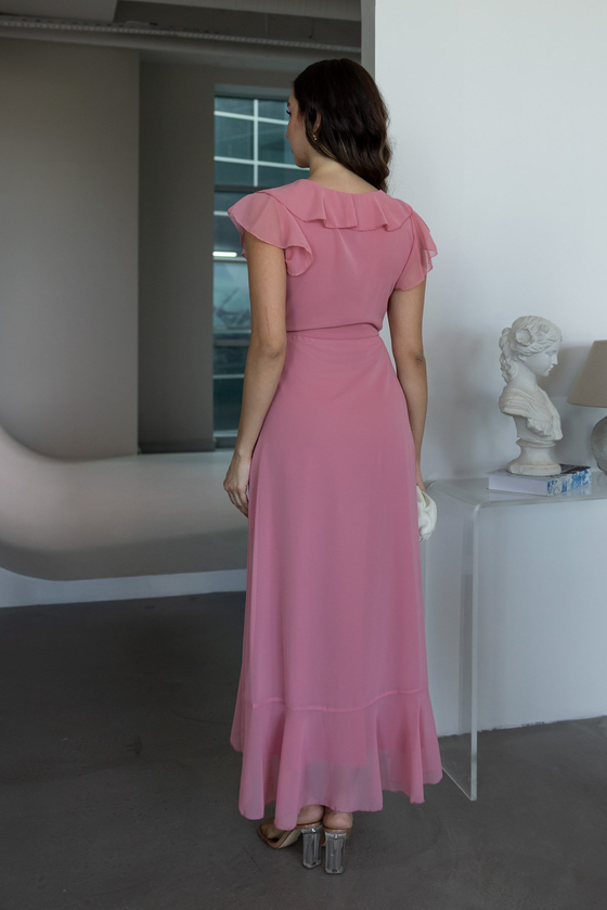 Kruvaze Yaka Volanlı Şifon Elbise - PEMBE