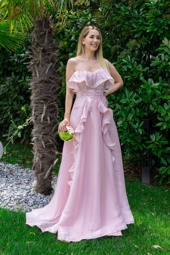 Volanlı Düğme Detay Abiye - PEMBE