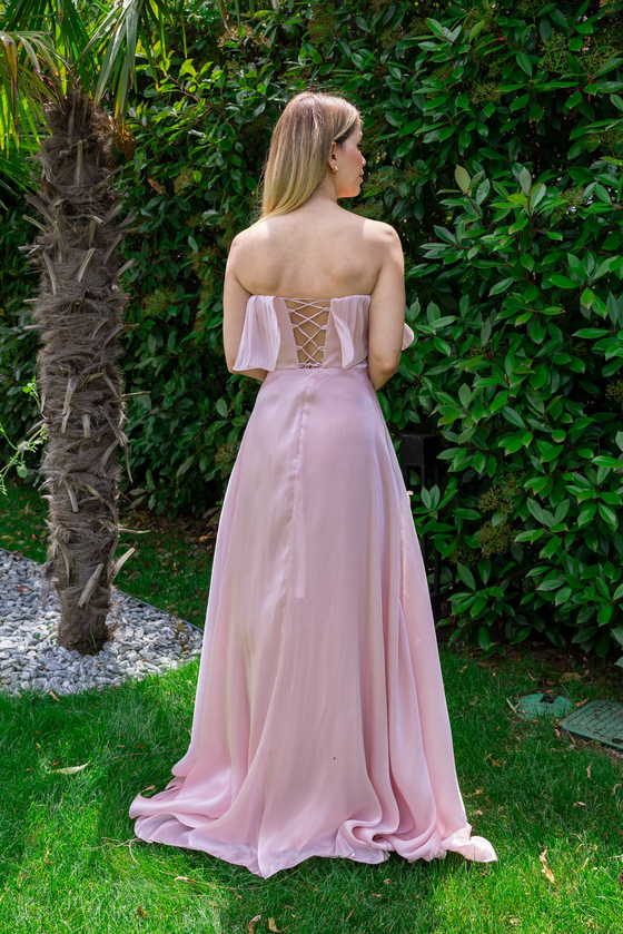 Volanlı Düğme Detay Abiye - PEMBE