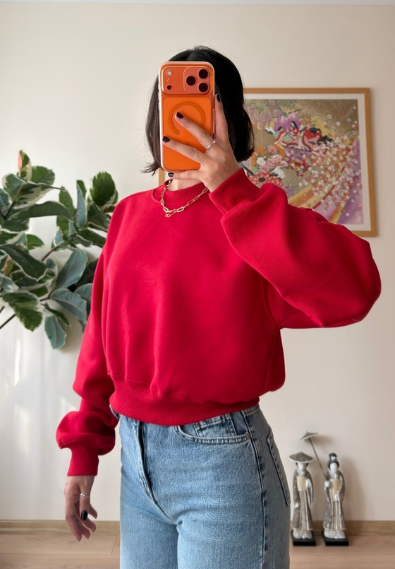 3 İplik Bisiklet Yaka Crop Sweatshirt Kırmızı