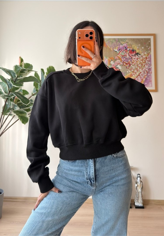 3 İplik Bisiklet Yaka Crop Sweatshirt Siyah