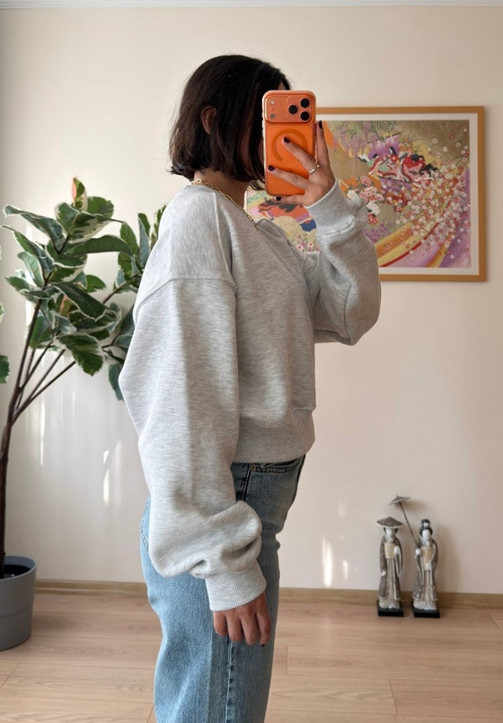 3 İplik Bisiklet Yaka Crop Sweatshirt Gri