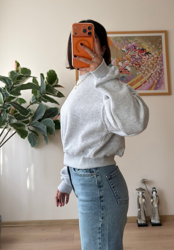 3 İplik Bisiklet Yaka Crop Sweatshirt Gri