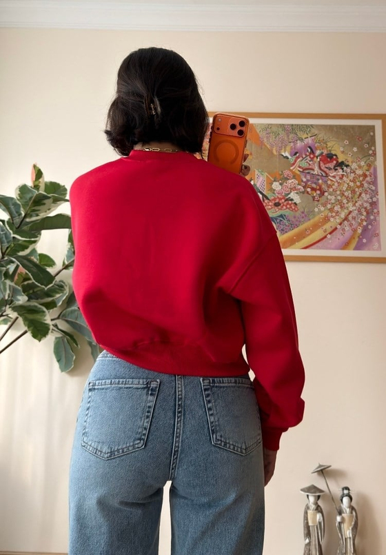 3 İplik Bisiklet Yaka Crop Sweatshirt Kırmızı