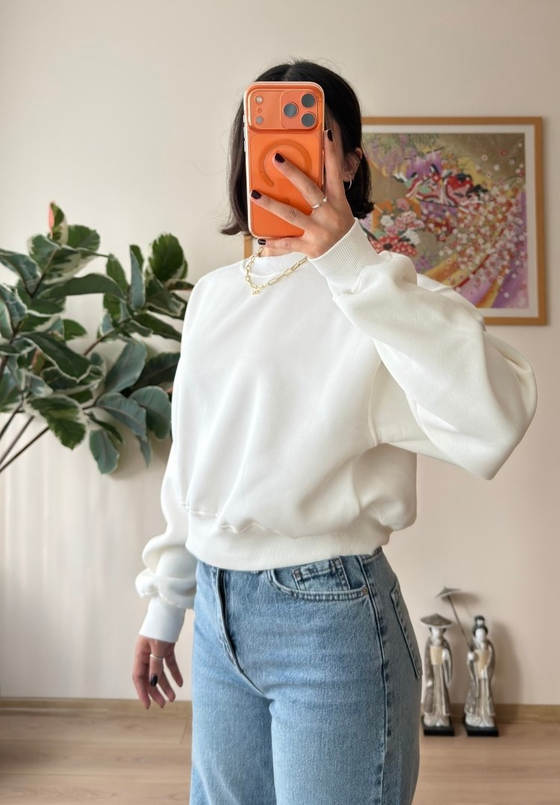3 İplik Bisiklet Yaka Crop Sweatshirt Beyaz