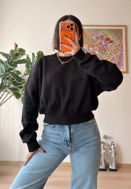 3 İplik Bisiklet Yaka Crop Sweatshirt Siyah