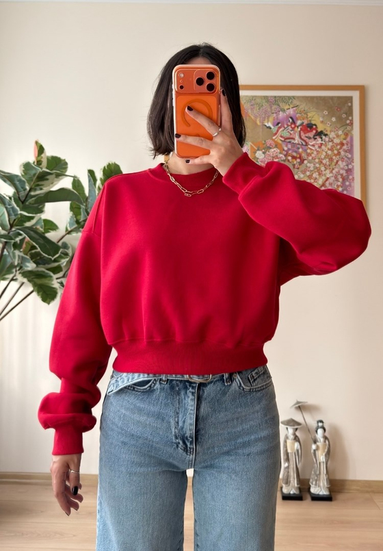 3 İplik Bisiklet Yaka Crop Sweatshirt Kırmızı