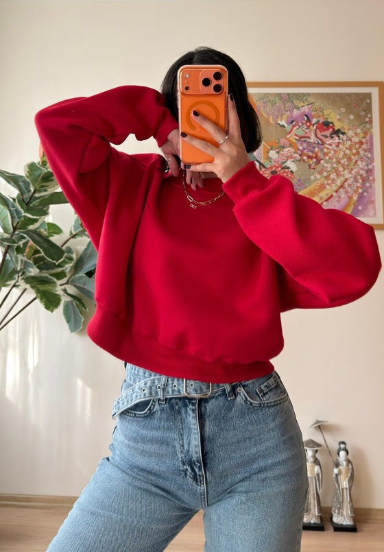 3 İplik Bisiklet Yaka Crop Sweatshirt Kırmızı