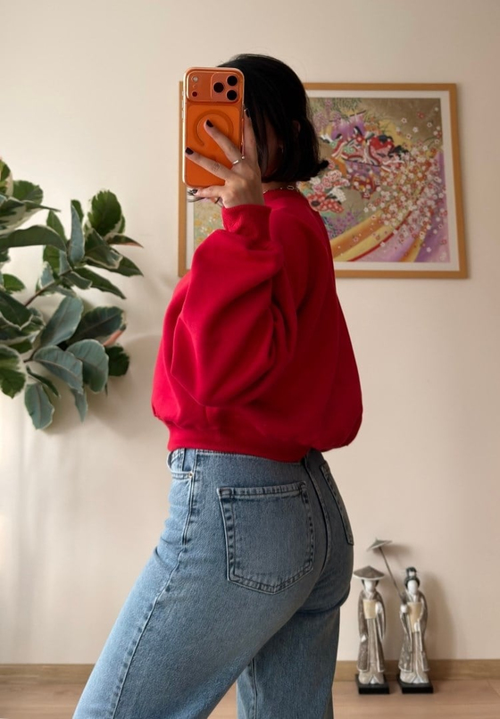 3 İplik Bisiklet Yaka Crop Sweatshirt Kırmızı