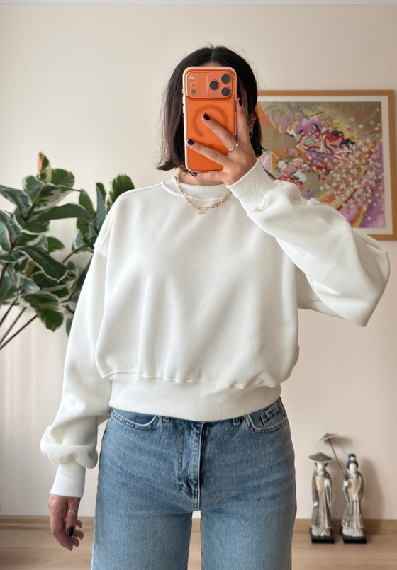 3 İplik Bisiklet Yaka Crop Sweatshirt Beyaz