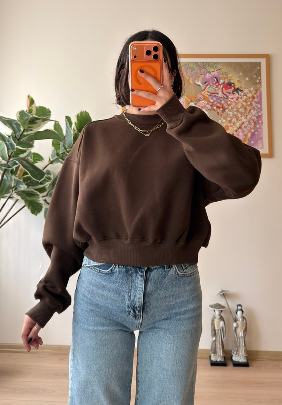 3 İplik Bisiklet Yaka Crop Sweatshirt Kahve
