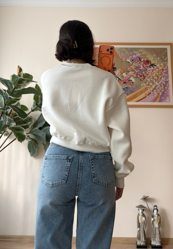 3 İplik Bisiklet Yaka Crop Sweatshirt Beyaz