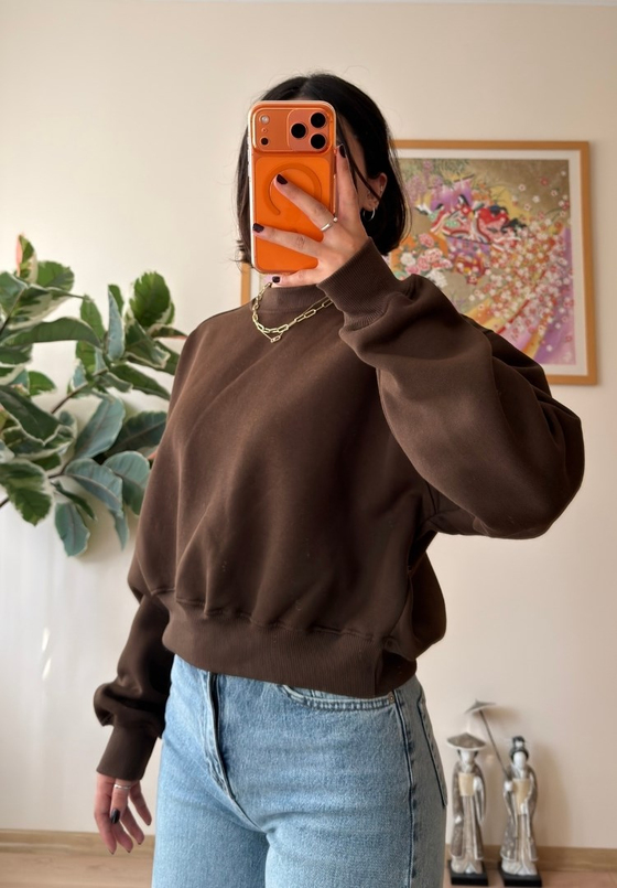 3 İplik Bisiklet Yaka Crop Sweatshirt Kahve