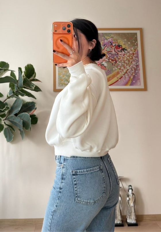 3 İplik Bisiklet Yaka Crop Sweatshirt Beyaz