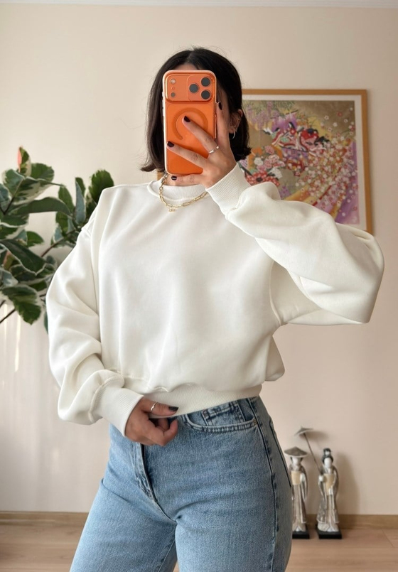 3 İplik Bisiklet Yaka Crop Sweatshirt Beyaz