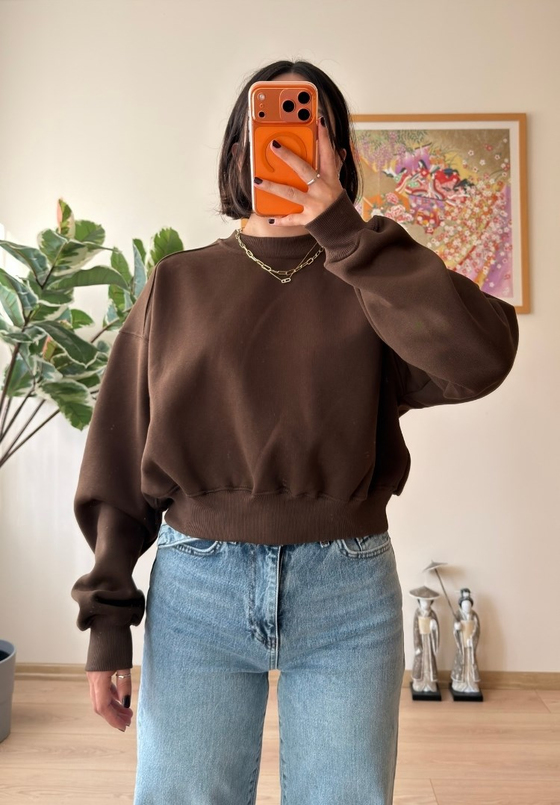 3 İplik Bisiklet Yaka Crop Sweatshirt Kahve