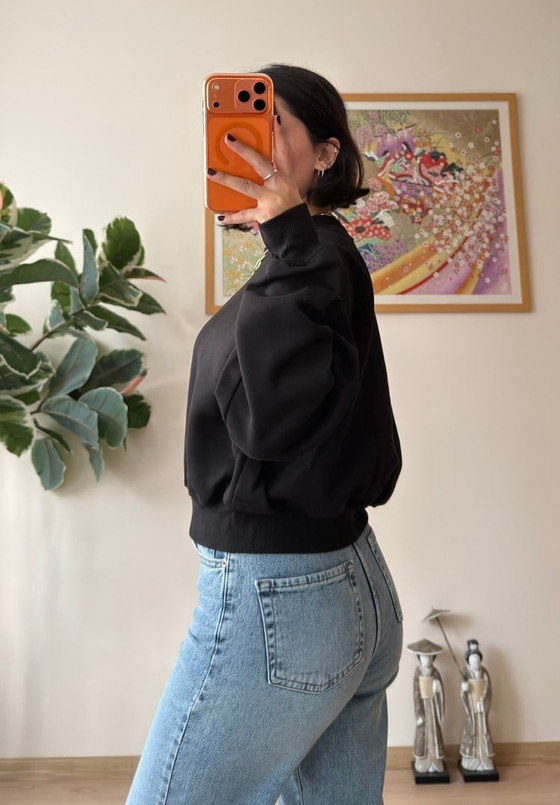 3 İplik Bisiklet Yaka Crop Sweatshirt Siyah