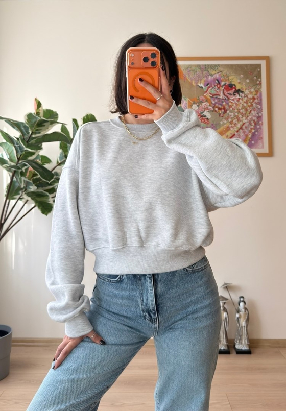 3 İplik Bisiklet Yaka Crop Sweatshirt Gri