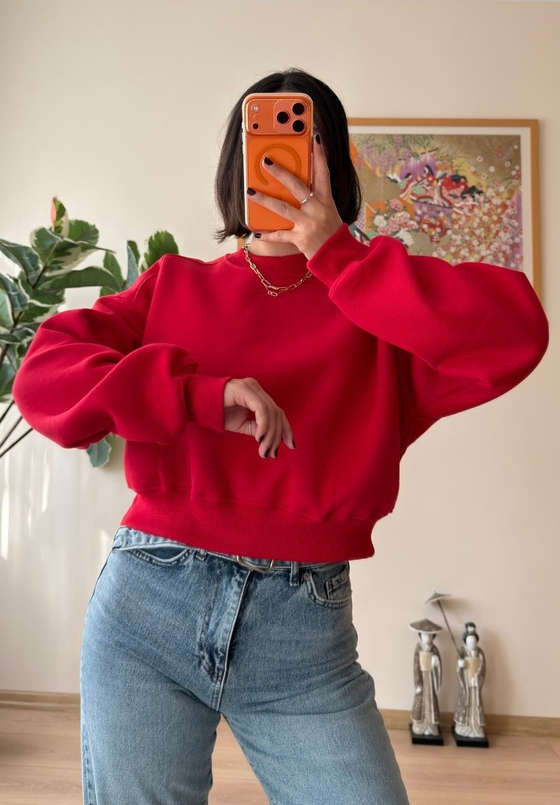 3 İplik Bisiklet Yaka Crop Sweatshirt Kırmızı