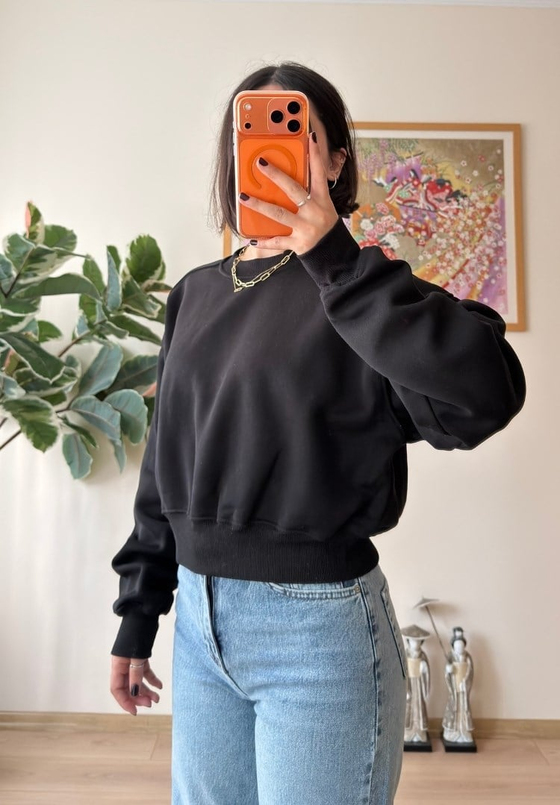 3 İplik Bisiklet Yaka Crop Sweatshirt Siyah