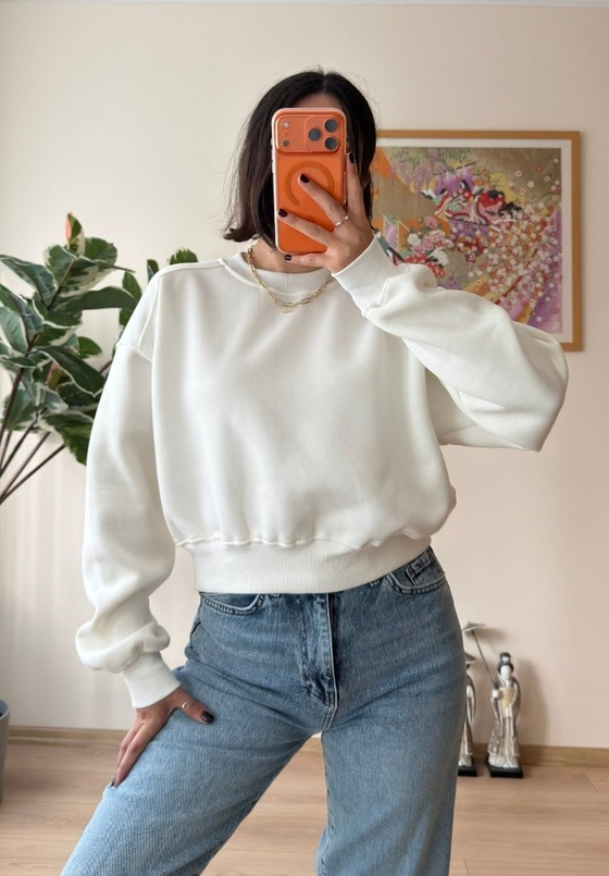 3 İplik Bisiklet Yaka Crop Sweatshirt Beyaz