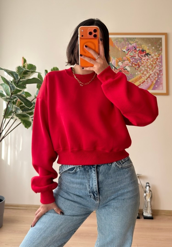 3 İplik Bisiklet Yaka Crop Sweatshirt Kırmızı