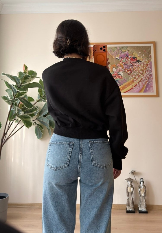 3 İplik Bisiklet Yaka Crop Sweatshirt Siyah