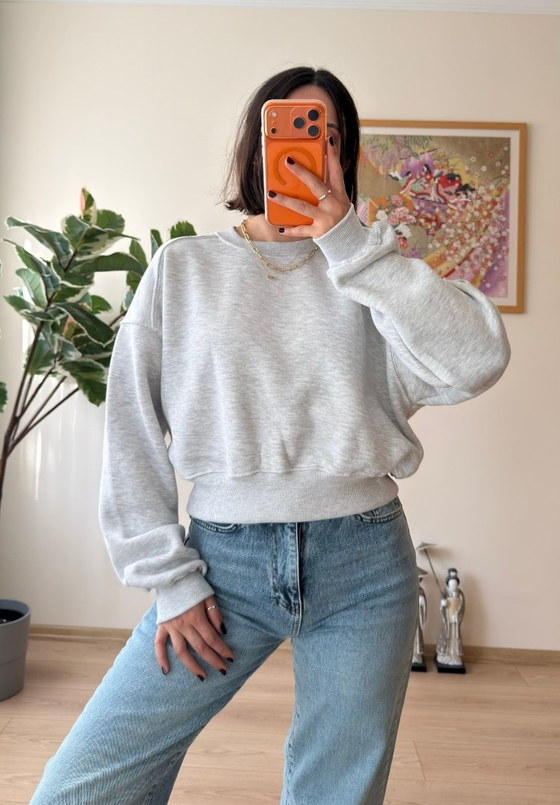3 İplik Bisiklet Yaka Crop Sweatshirt Gri