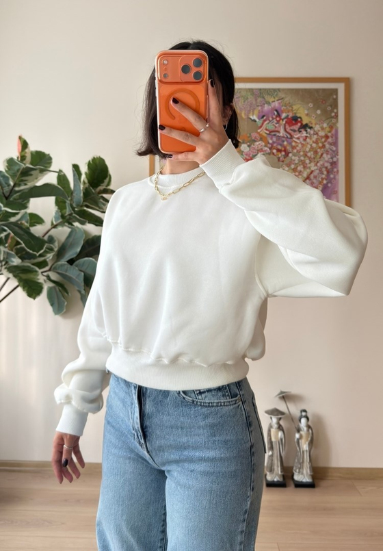 3 İplik Bisiklet Yaka Crop Sweatshirt Beyaz