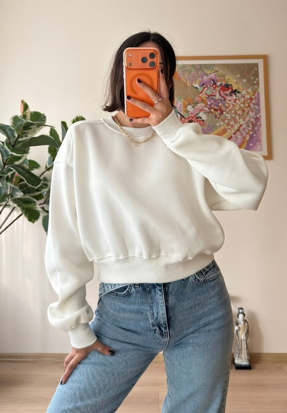 3 İplik Bisiklet Yaka Crop Sweatshirt Beyaz