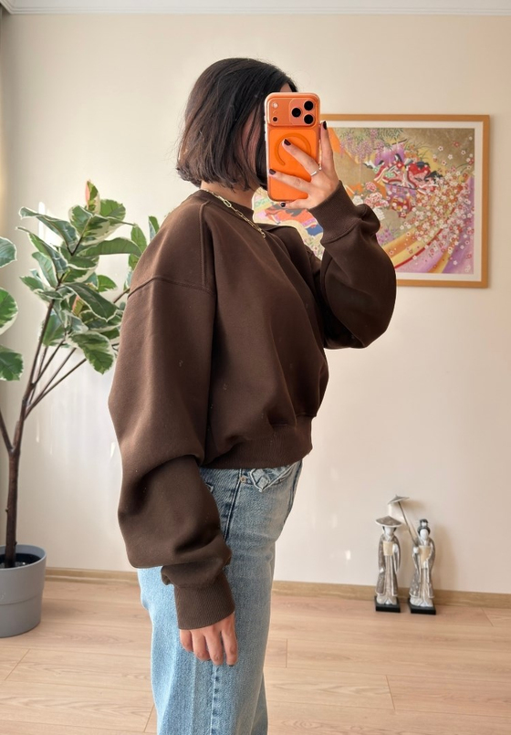 3 İplik Bisiklet Yaka Crop Sweatshirt Kahve