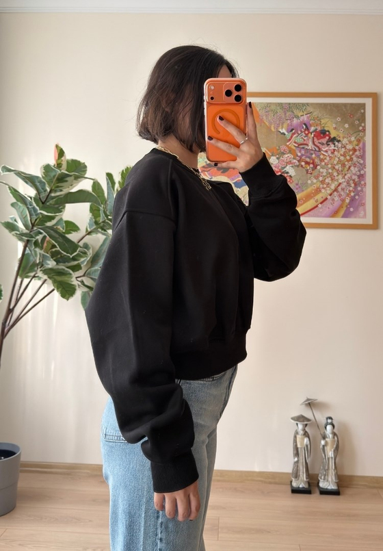 3 İplik Bisiklet Yaka Crop Sweatshirt Siyah
