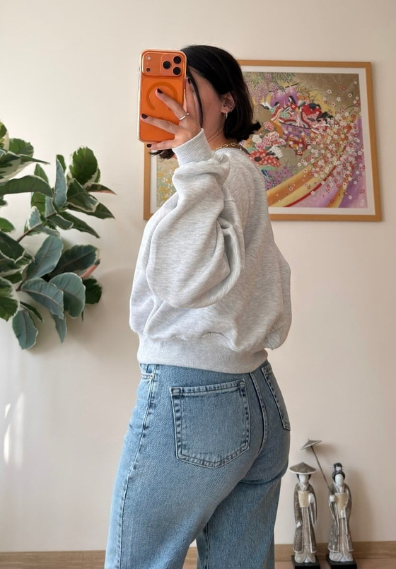 3 İplik Bisiklet Yaka Crop Sweatshirt Gri