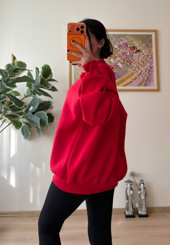 3 İplik Bisiklet Yaka Oversize Sweatshirt Kırmızı