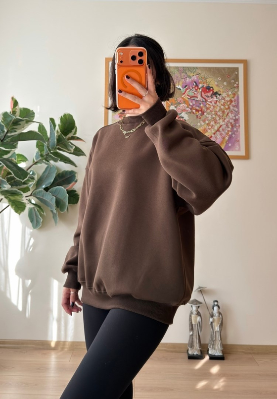 3 İplik Bisiklet Yaka Oversize Sweatshirt Kahve