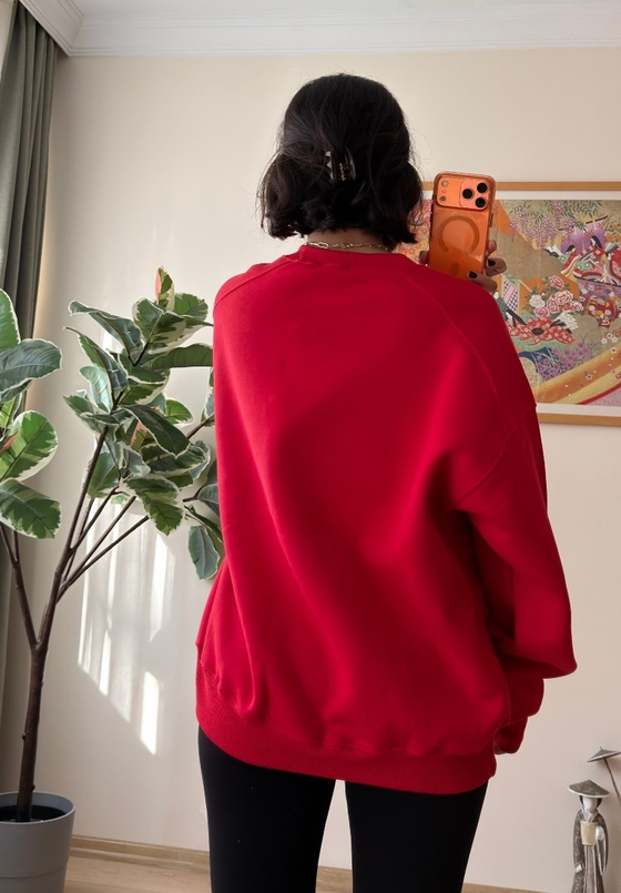3 İplik Bisiklet Yaka Oversize Sweatshirt Kırmızı