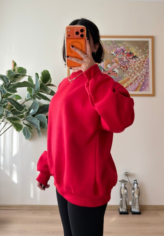 3 İplik Bisiklet Yaka Oversize Sweatshirt Kırmızı