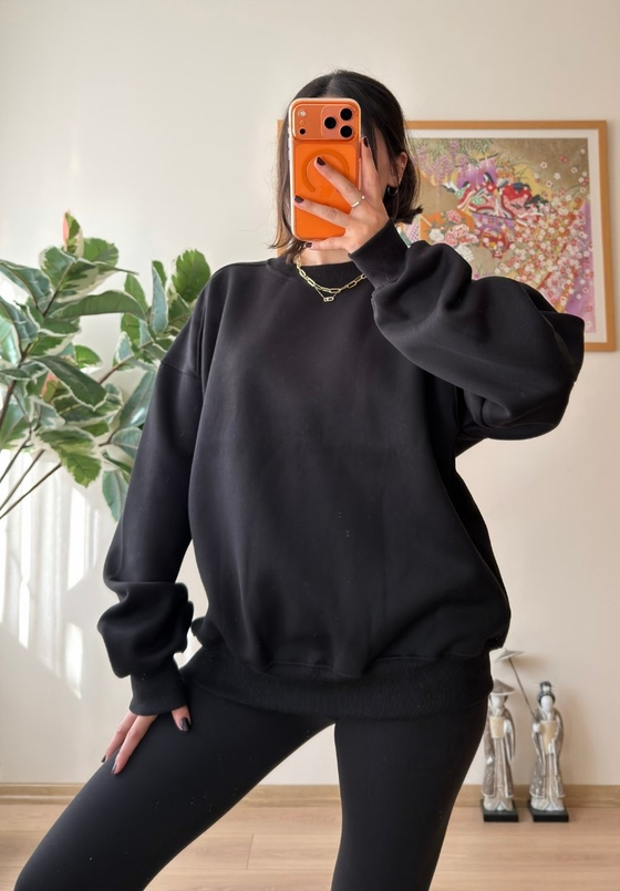 3 İplik Bisiklet Yaka Oversize Sweatshirt Siyah