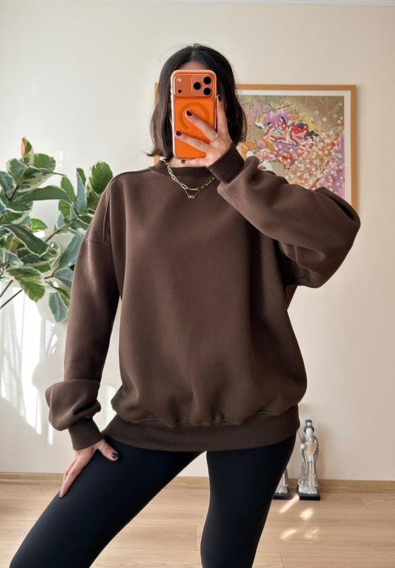 3 İplik Bisiklet Yaka Oversize Sweatshirt Kahve