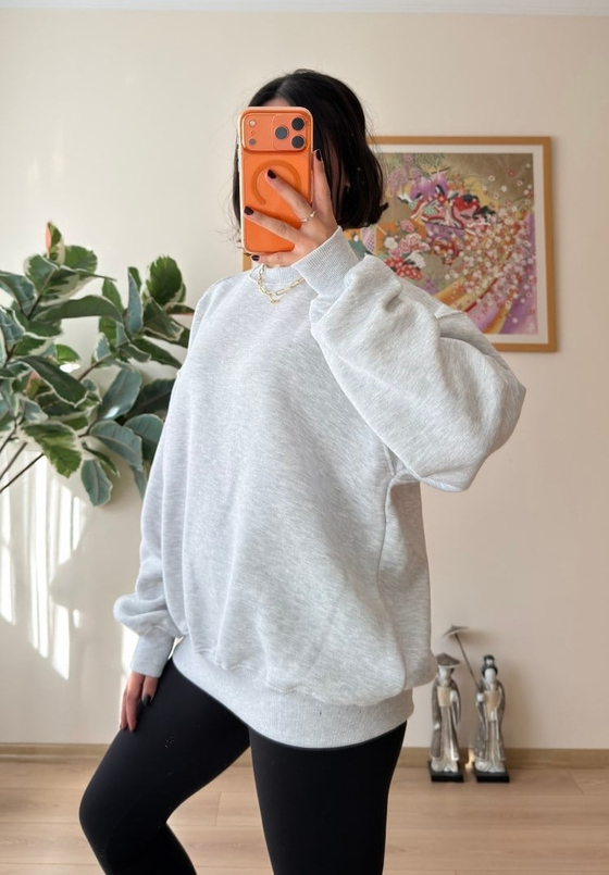 3 İplik Bisiklet Yaka Oversize Sweatshirt Gri