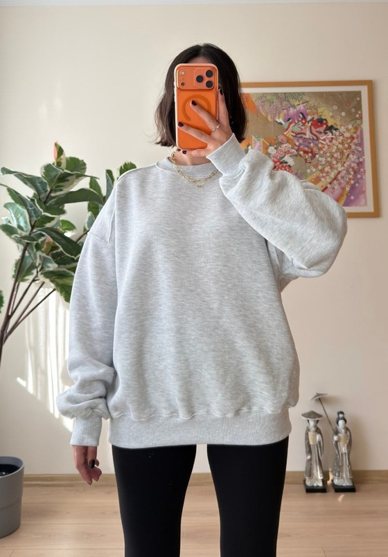 3 İplik Bisiklet Yaka Oversize Sweatshirt Gri