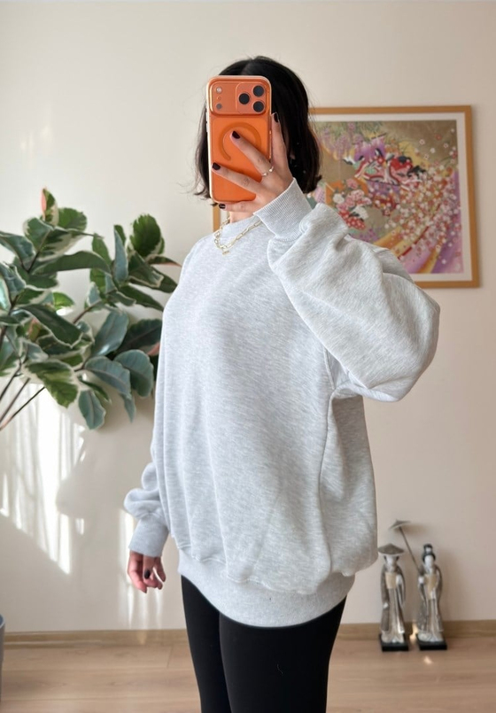 3 İplik Bisiklet Yaka Oversize Sweatshirt Gri