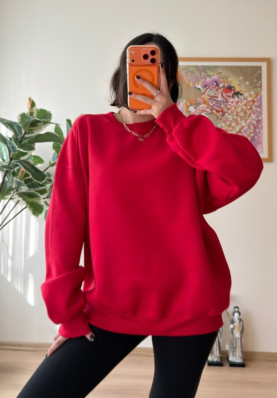 3 İplik Bisiklet Yaka Oversize Sweatshirt Kırmızı