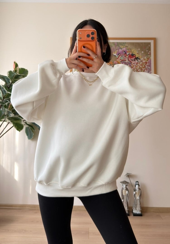 3 İplik Bisiklet Yaka Oversize Sweatshirt Beyaz