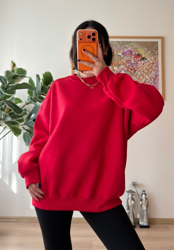 3 İplik Bisiklet Yaka Oversize Sweatshirt Kırmızı