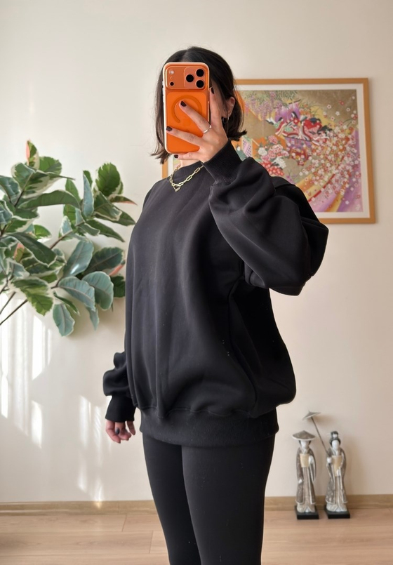 3 İplik Bisiklet Yaka Oversize Sweatshirt Siyah